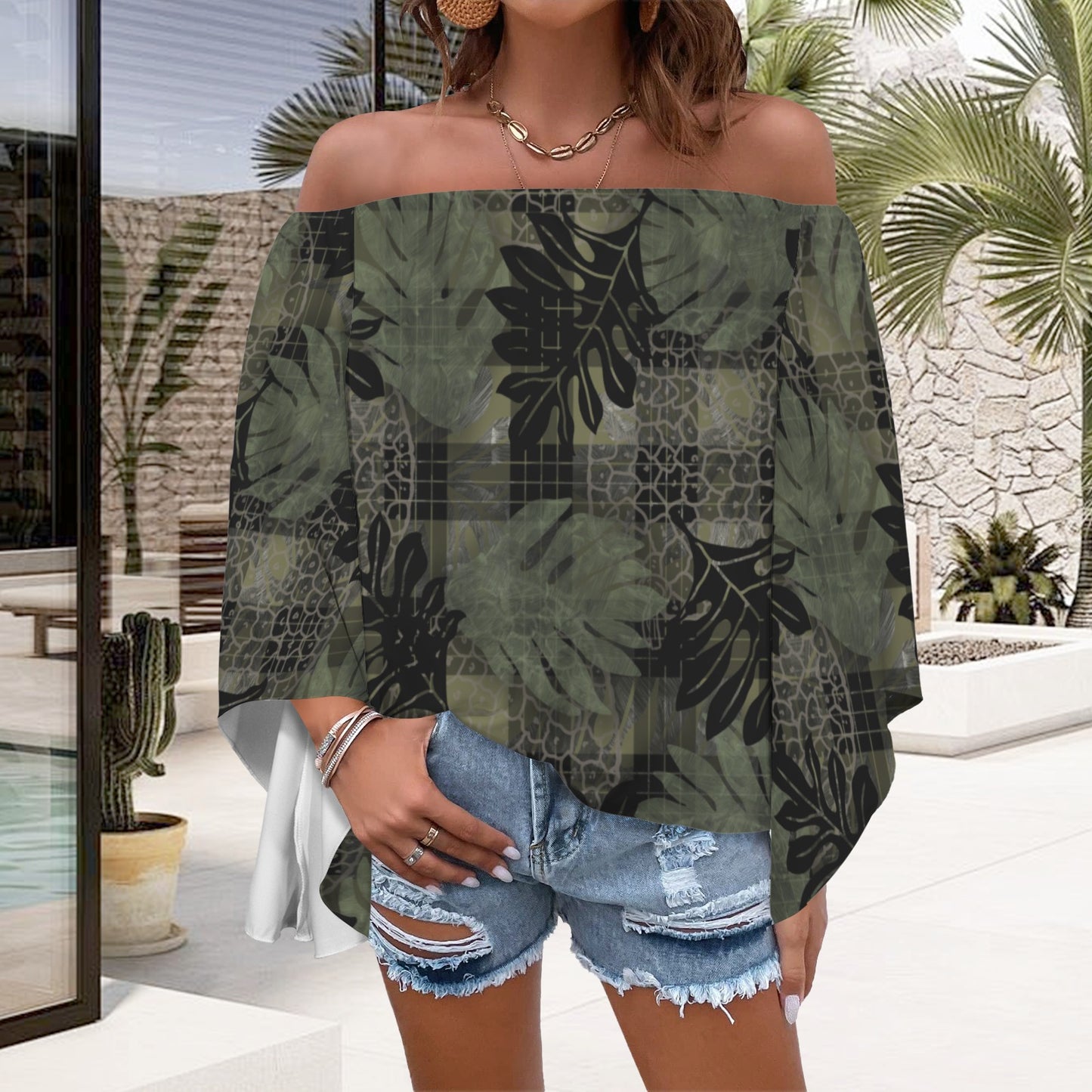 Ulu and Palaka Print Kolonahe Off Shoulder Trumpet Sleeve blouse - green and black