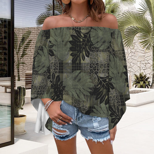 Ulu and Palaka Print Kolonahe Off Shoulder Trumpet Sleeve blouse - green and black