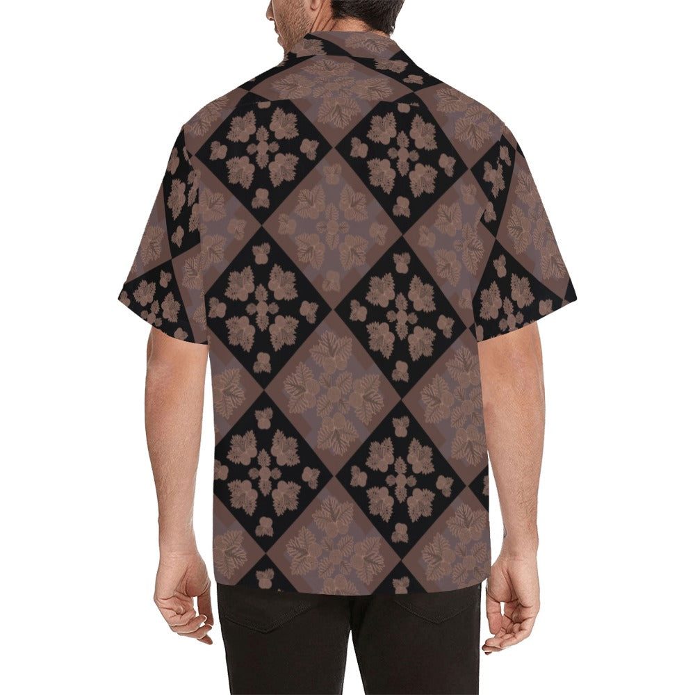 Ulu Quilt Design - Menʻs Aloha Shirt, Chocolate Mocha and Black Hawaiian Shirt