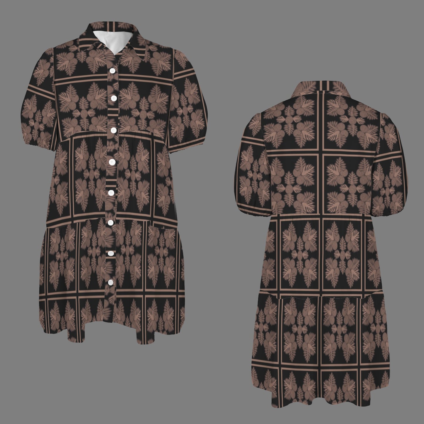 Puʻuwai Ulu Quilt Button down Puff sleeve dress in black and mocha