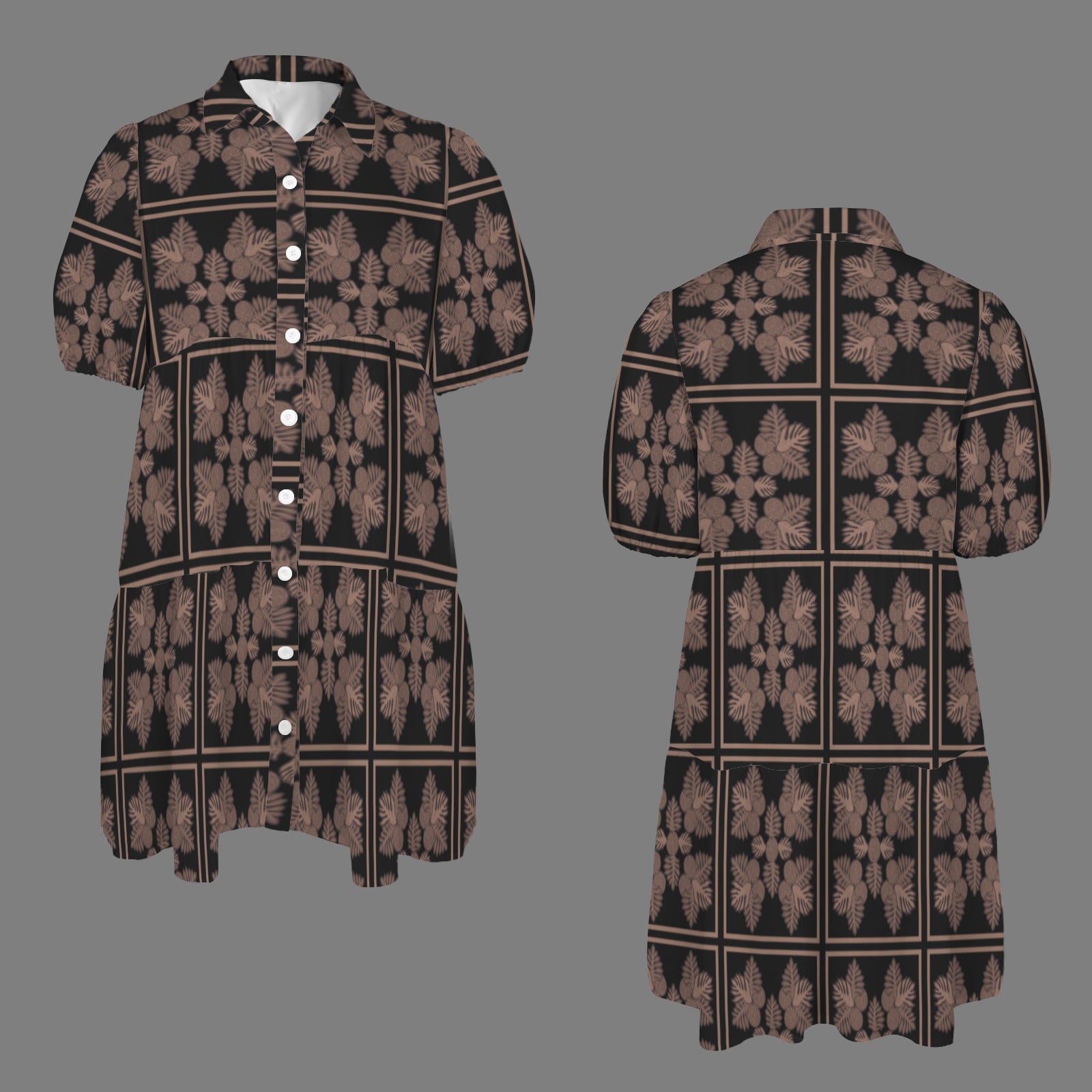 Puʻuwai Ulu Quilt Button down Puff sleeve dress in black and mocha