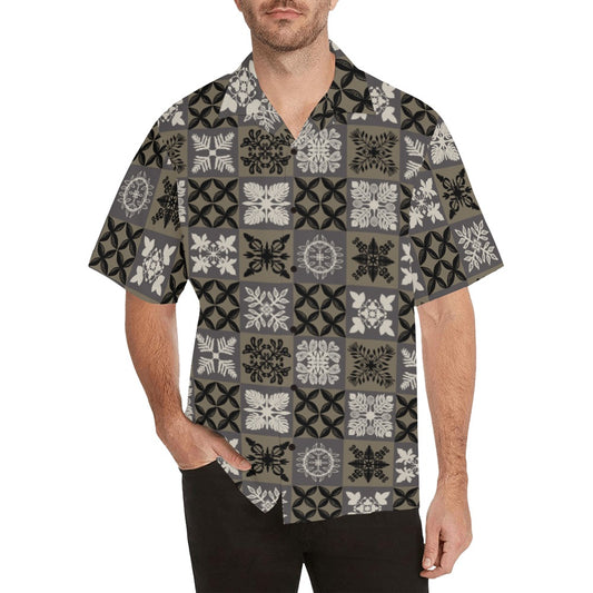 Kapa Kuiki Hawaiian Quilt Print - Menʻs Aloha Shirt, Black and Gray
