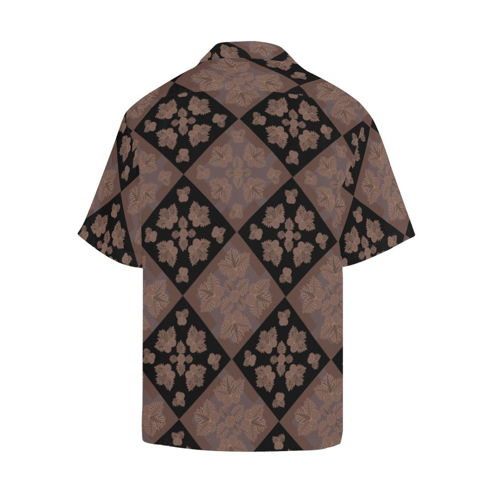 Ulu Quilt Design - Menʻs Aloha Shirt, Chocolate Mocha and Black Hawaiian Shirt