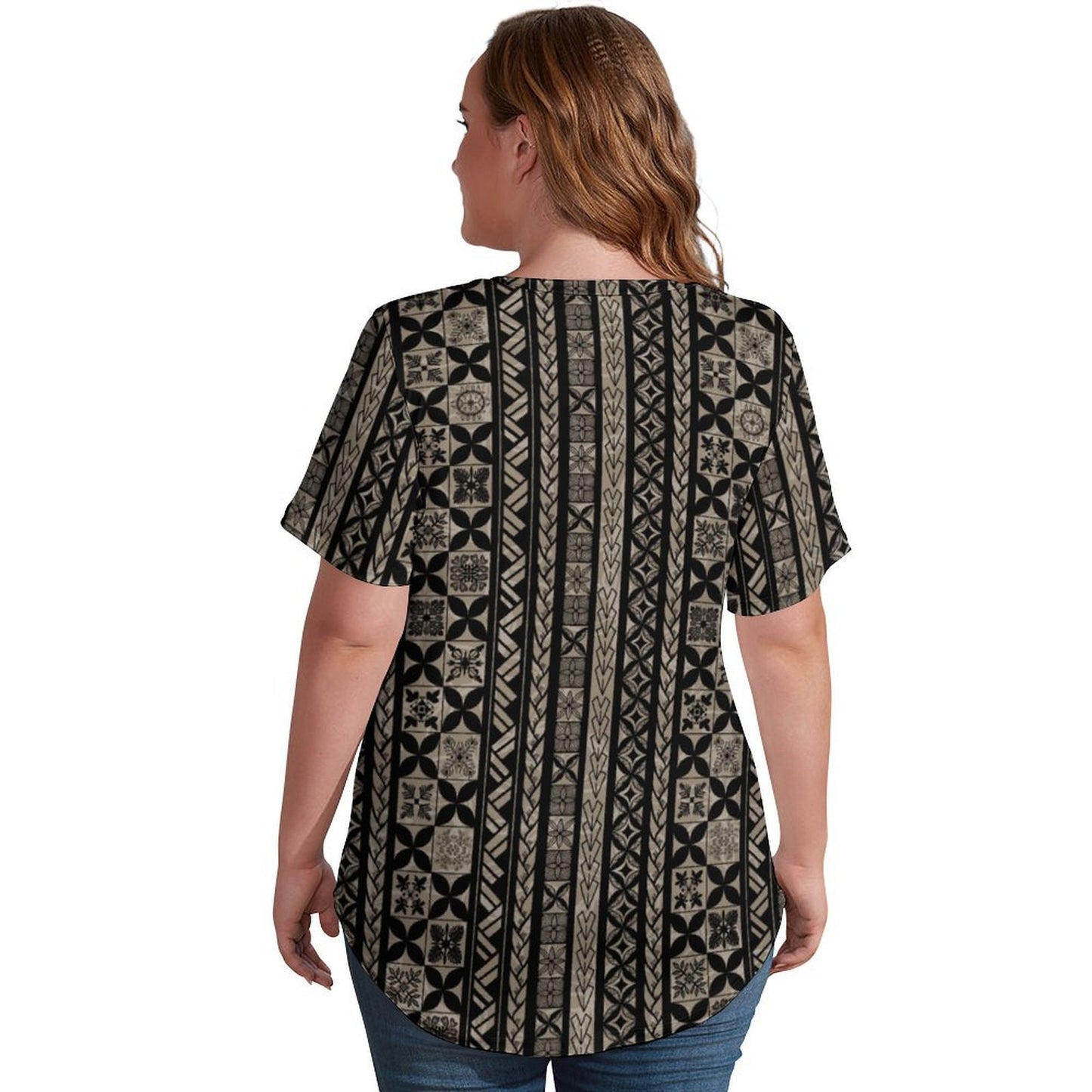 Kapa Kakau Hawaiian Print, Keahi V-Neck Short-Sleeve Shirt - Beige and Black