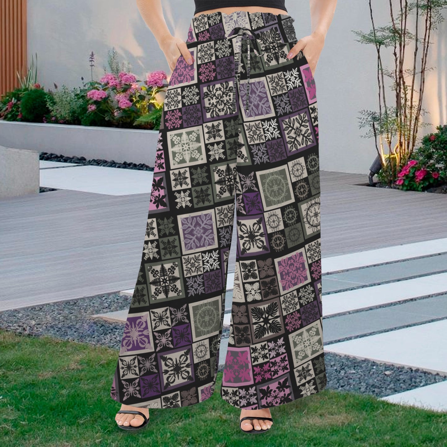 Kapa Kuiki Hawaiian Quilt Print - Makamae Elastic Waist Wide Leg Pants - Purple, Green, Pink