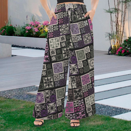Kapa Kuiki Hawaiian Quilt Print - Makamae Elastic Waist Wide Leg Pants - Purple, Green, Pink