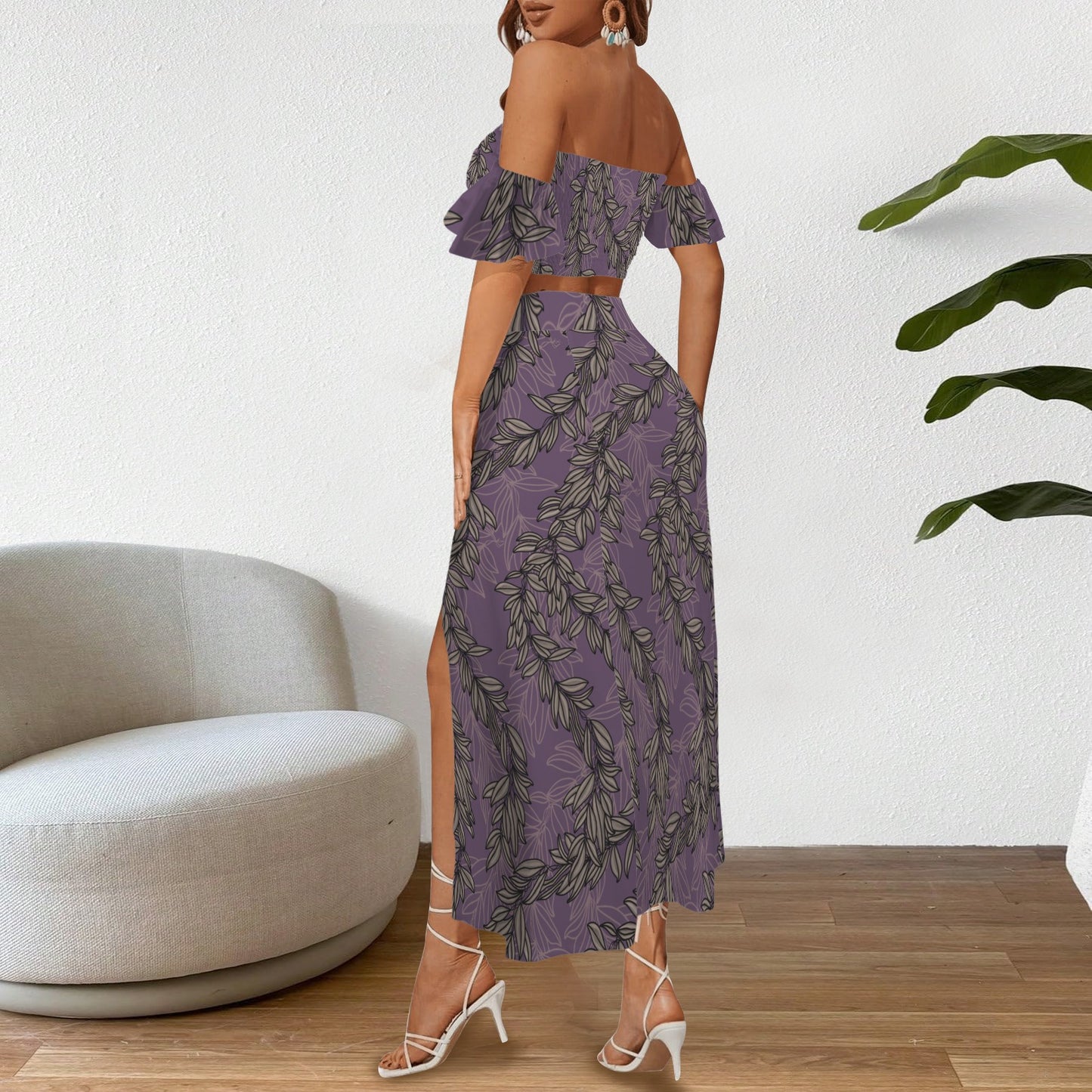 Malino Set in Maile (Off Shoulder Smocked Tube Top & High Waist Split Thigh Maxi Skirt) Purple