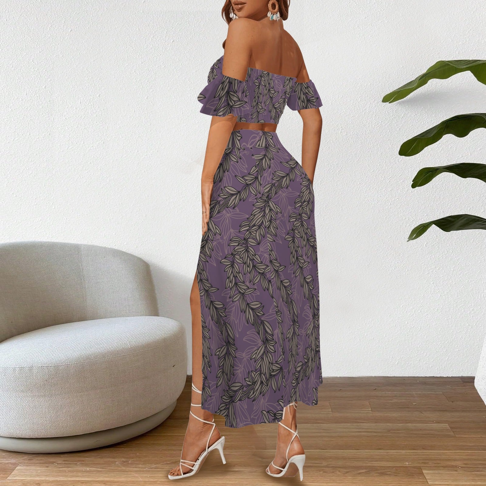 Malino Set in Maile (Off Shoulder Smocked Tube Top & High Waist Split Thigh Maxi Skirt) Purple