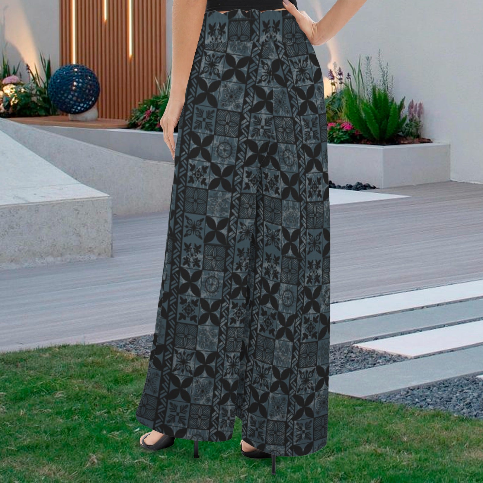 Makamae Elastic Waist Wide Leg Pants - Hawaiian Kapa Quilt in Black and Teal
