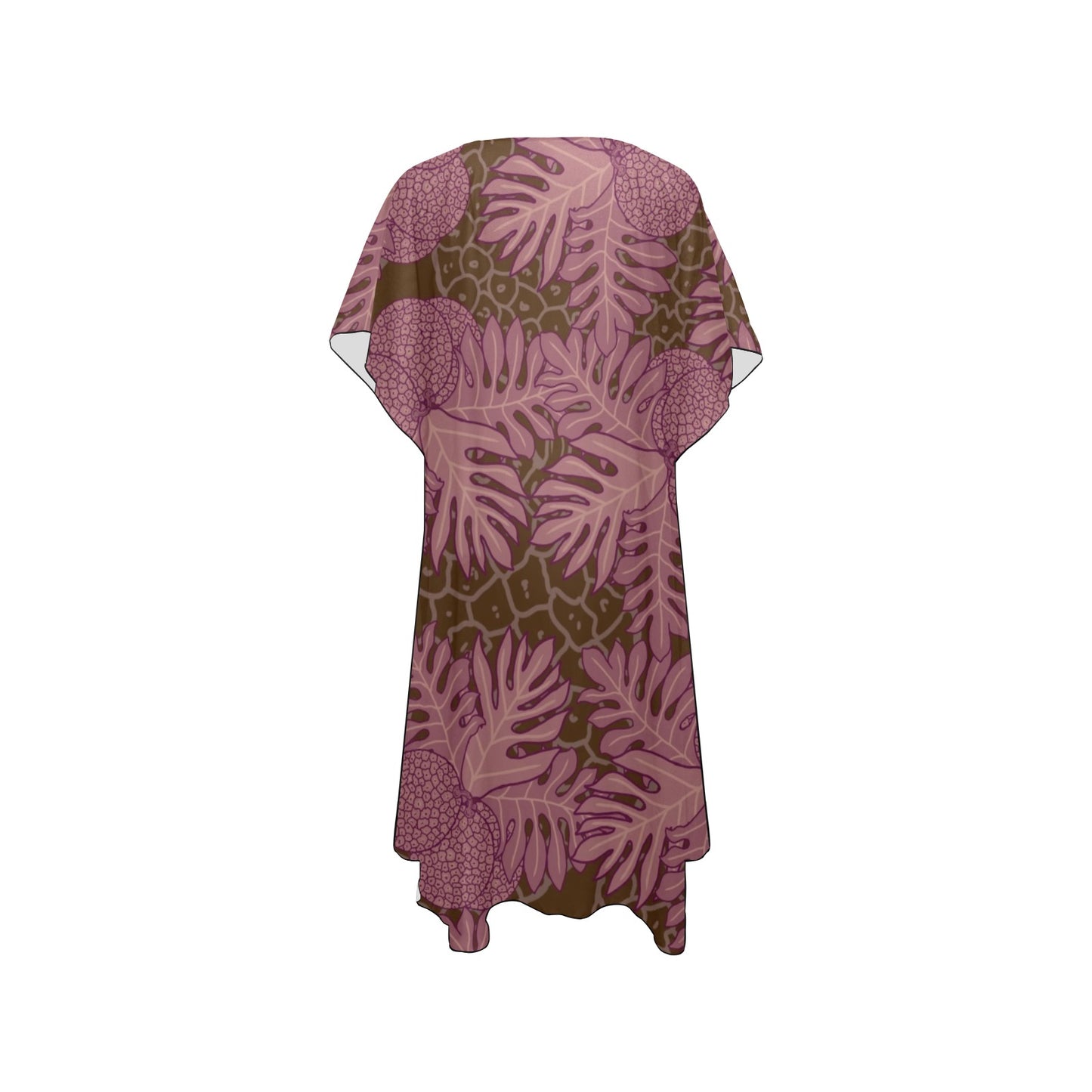 Ulu Breadfruit Hawaiian Print Mid Length Kimono Chiffon Cover Up - Pink, Brown & Red