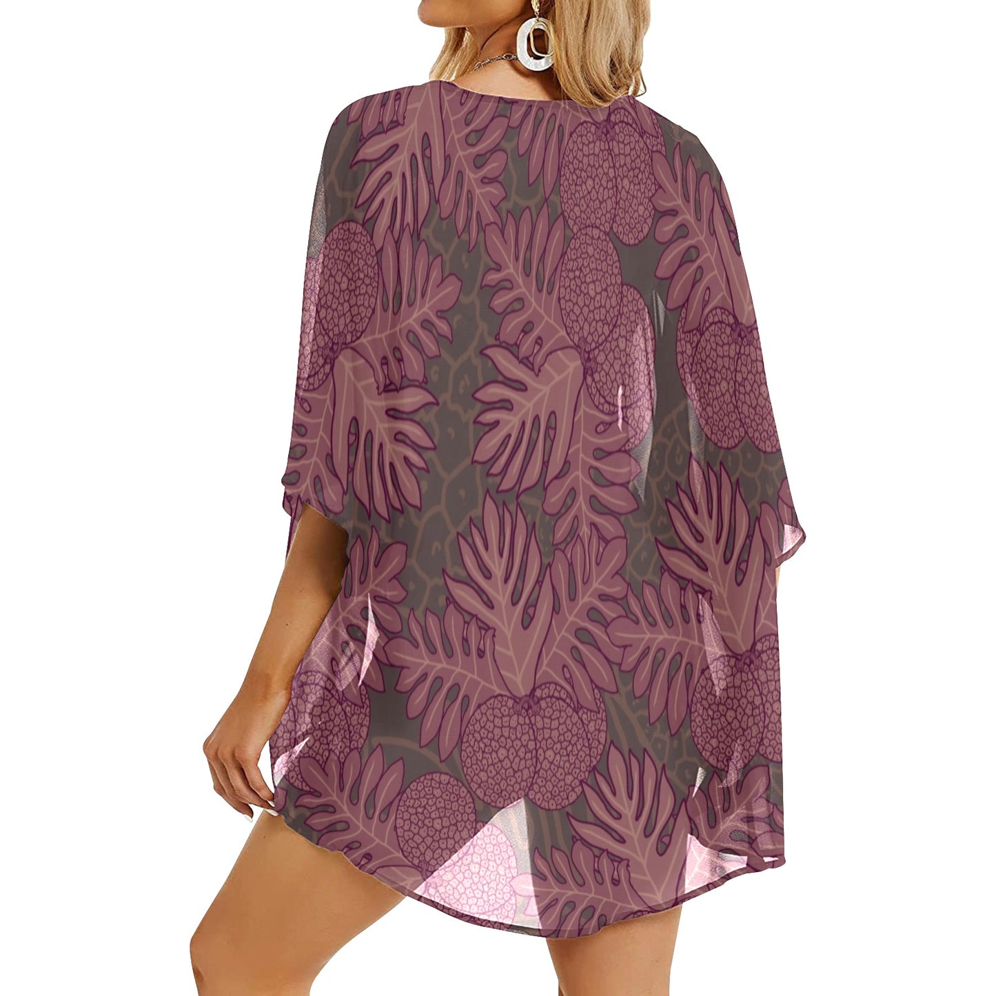 Ulu Breadfruit Hawaiian Print Kimono Chiffon Cover Up - Pink and Taupe