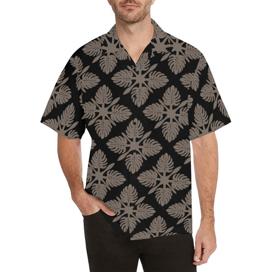 Kapa Kuiki Monstera Hawaiian Print - Menʻs Aloha Shirt, Black and Taupe