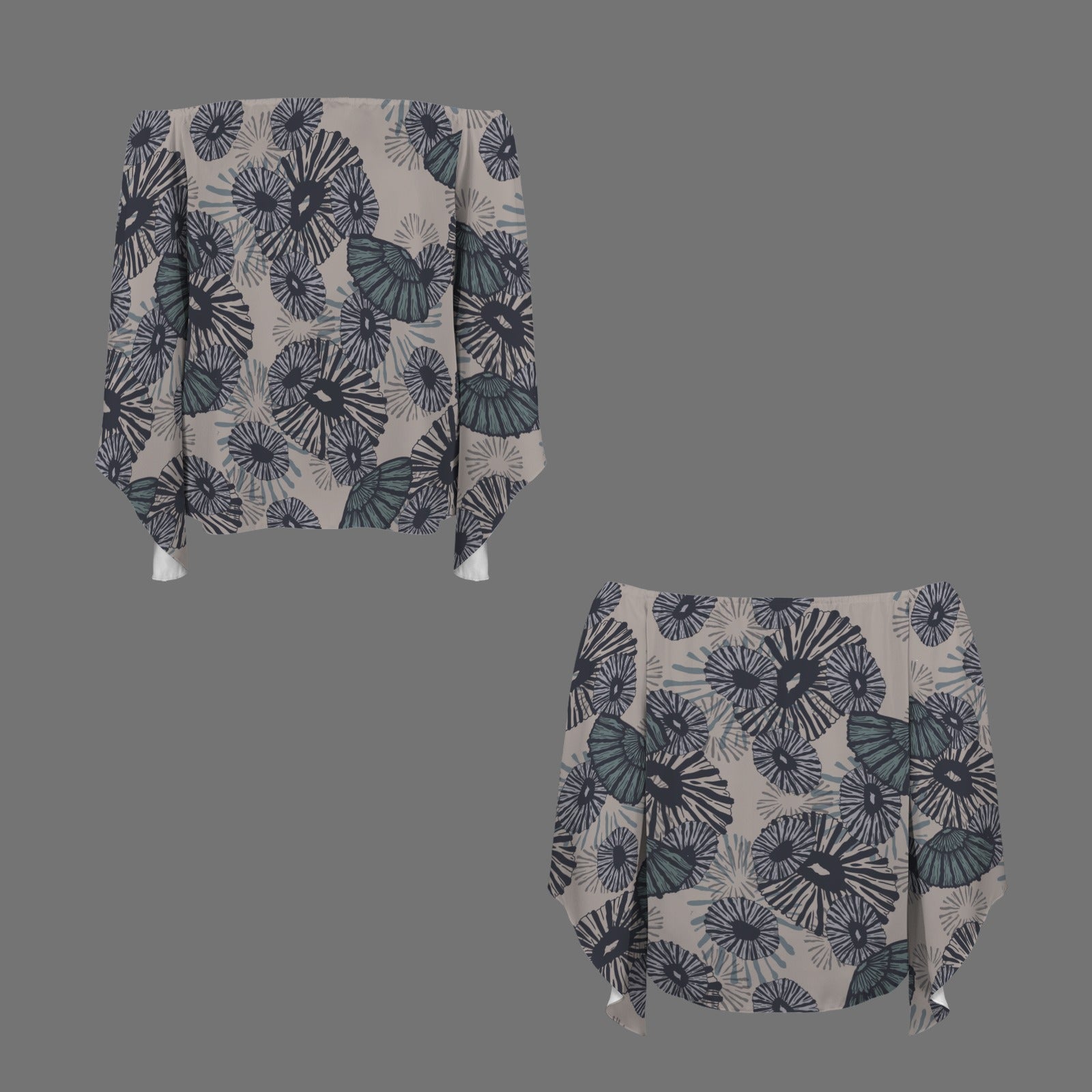 Kolonahe 'Opihi Hawaiian Print Off Shoulder Trumpet Sleeve Blouse - Slate Blue and Taupe