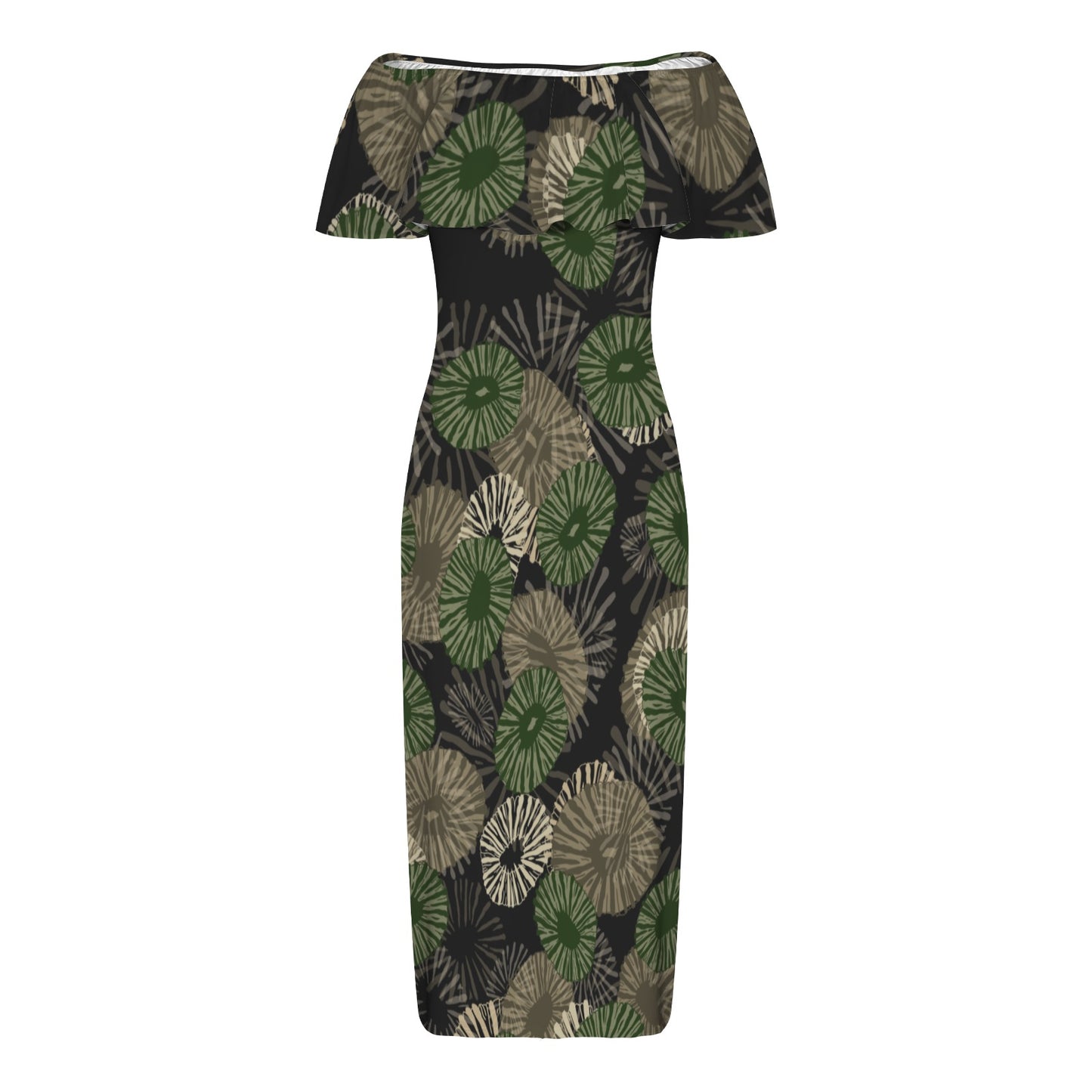 'Opihi Hawaiian Print - Off Shoulder Ruffle Maxi Dress - Camouflage