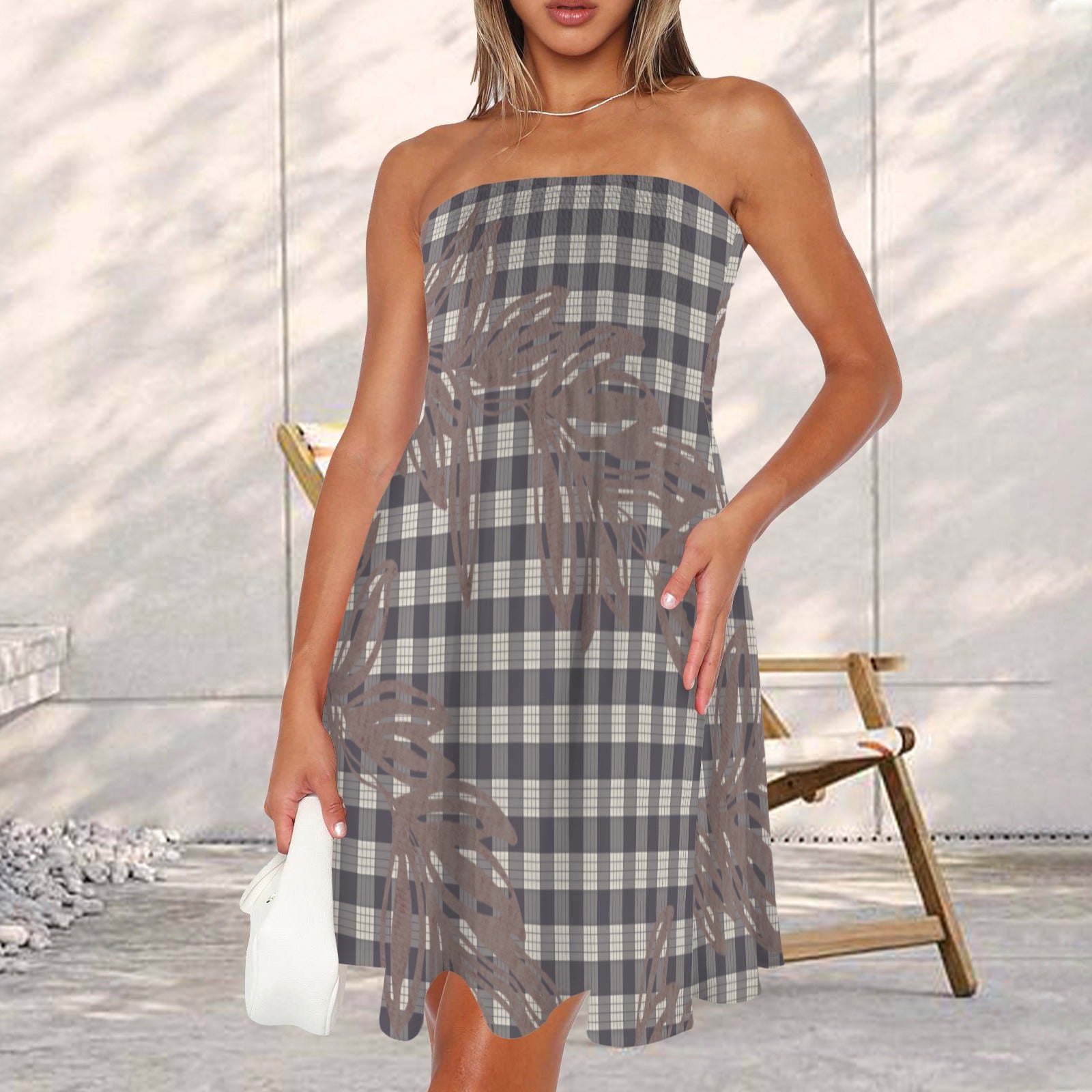 Hauʻoli Strapless Tube Dress - Maile lei and palaka - Taupe and Gray