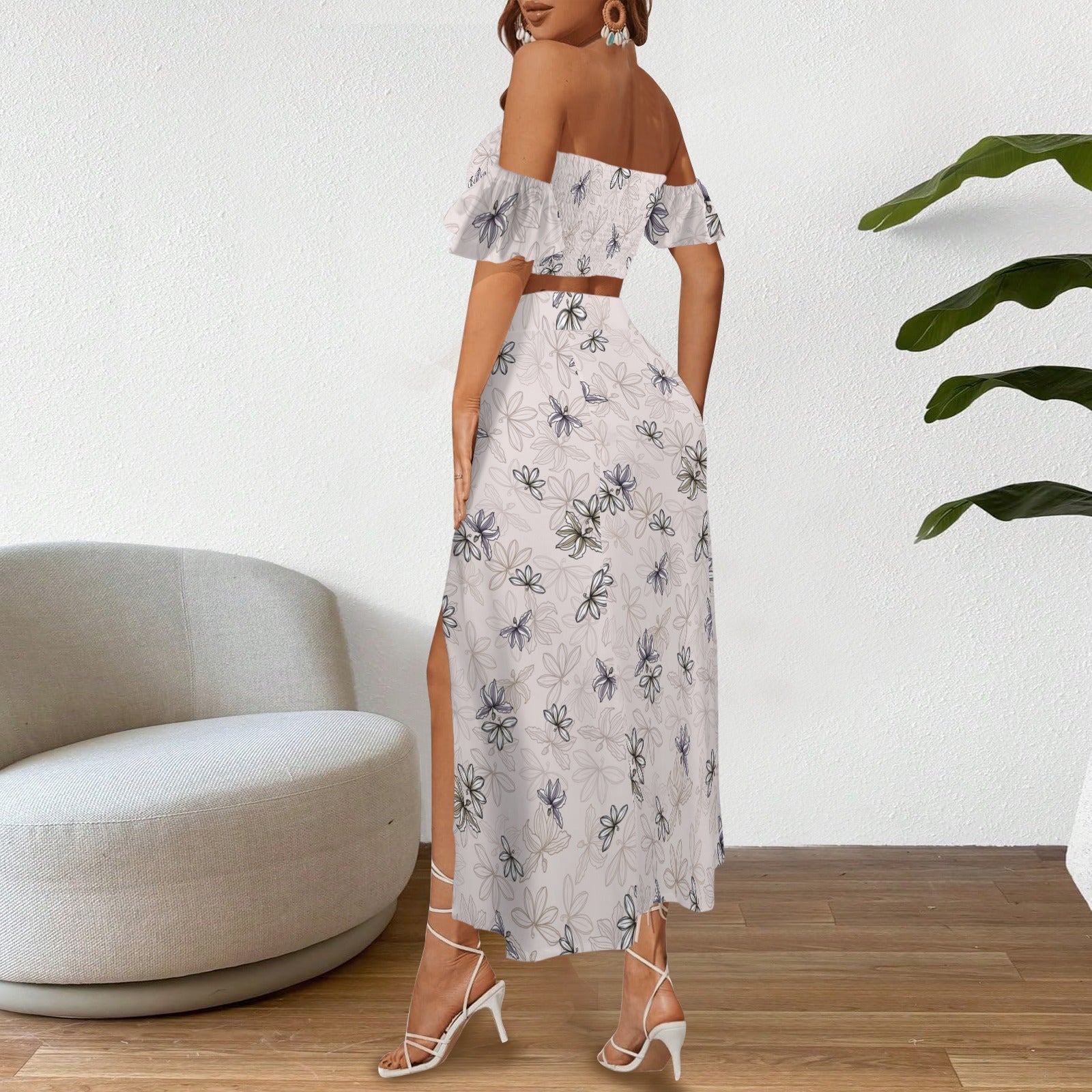 Malino Set in Naupaka (Off Shoulder Smocked Tube Top & High Waist Split Thigh Maxi Skirt) Blush