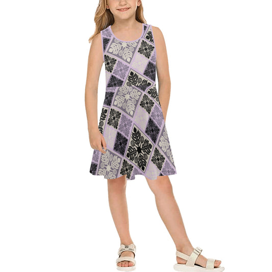 Ulu Breadfruit Kapa Kuiki Block Print -  Girl's Sleeveless Dress - Lavender