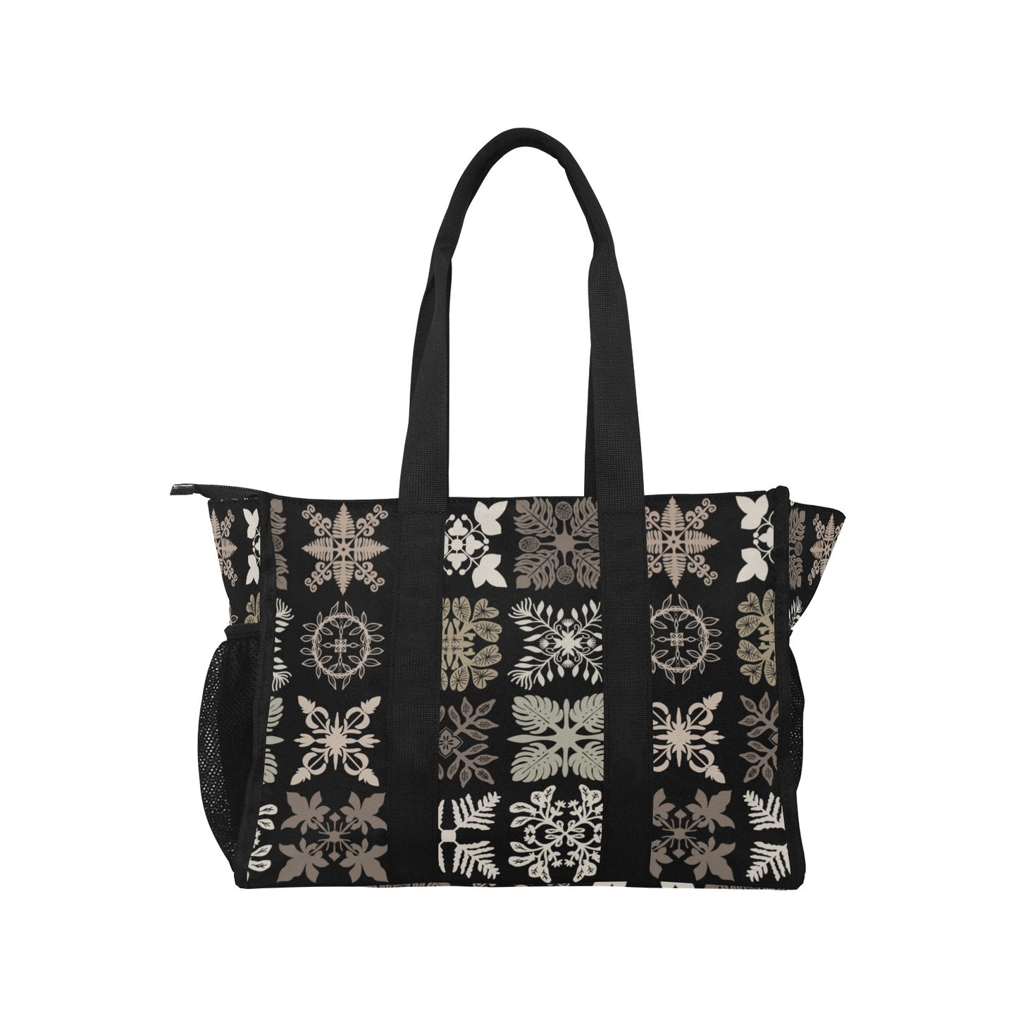 Kapa Kuiki Hawaiian Quilt Design Print Black and Khaki - Nurse/Teacher/Mommy Tote Bag