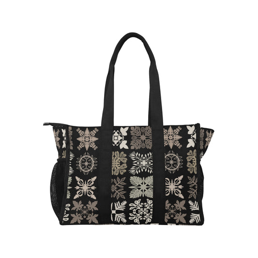 Kapa Kuiki Hawaiian Quilt Design Print Black and Khaki - Nurse/Teacher/Mommy Tote Bag