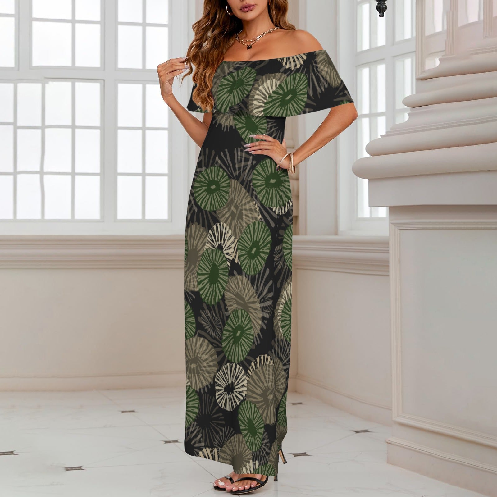 'Opihi Hawaiian Print - Off Shoulder Ruffle Maxi Dress - Camouflage 5XL 'Opihi Hawaiian Print - Off Shoulder Ruffle Maxi Dress - Camouflage 5XL