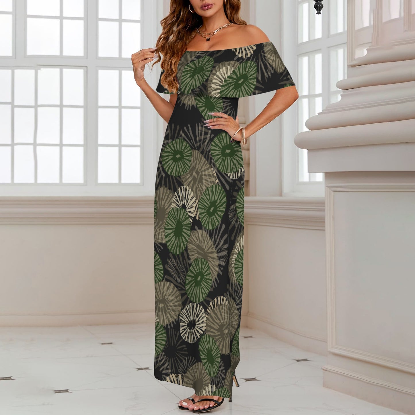 'Opihi Hawaiian Print - Off Shoulder Ruffle Maxi Dress - Camouflage
