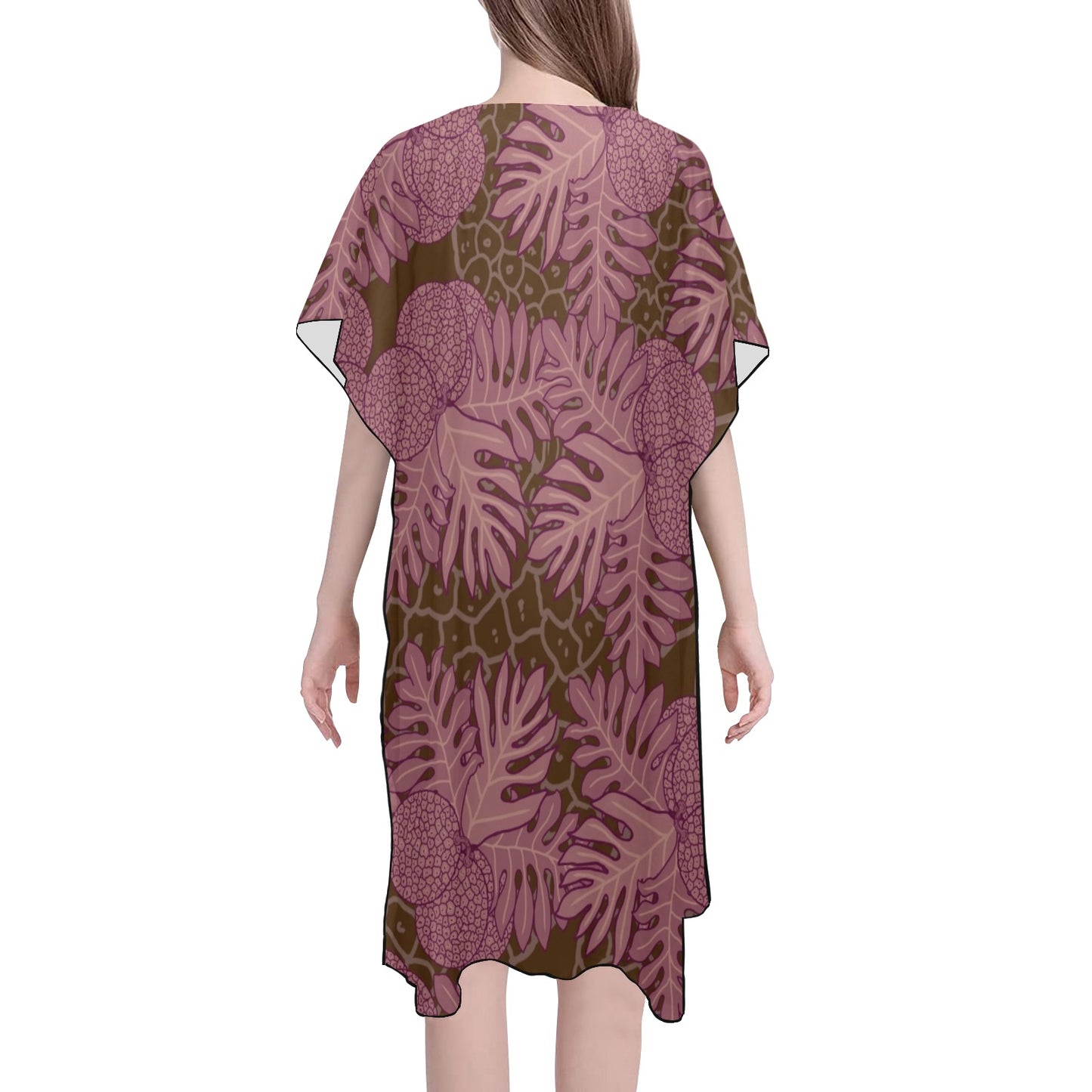 Ulu Breadfruit Hawaiian Print Mid Length Kimono Chiffon Cover Up - Pink, Brown & Red