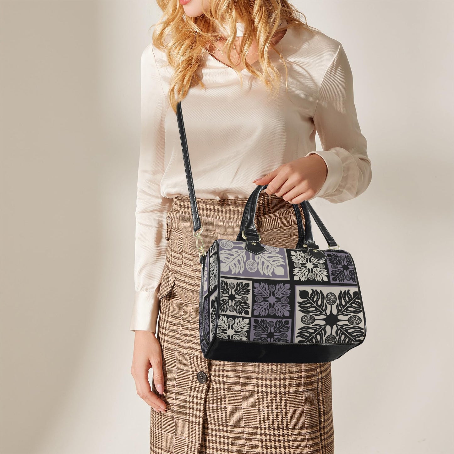 Ulu Breadfruit Kapa Kuiki Hawaiian Quilt Print - Kauka Faux Leather Satchel Handbag, Small