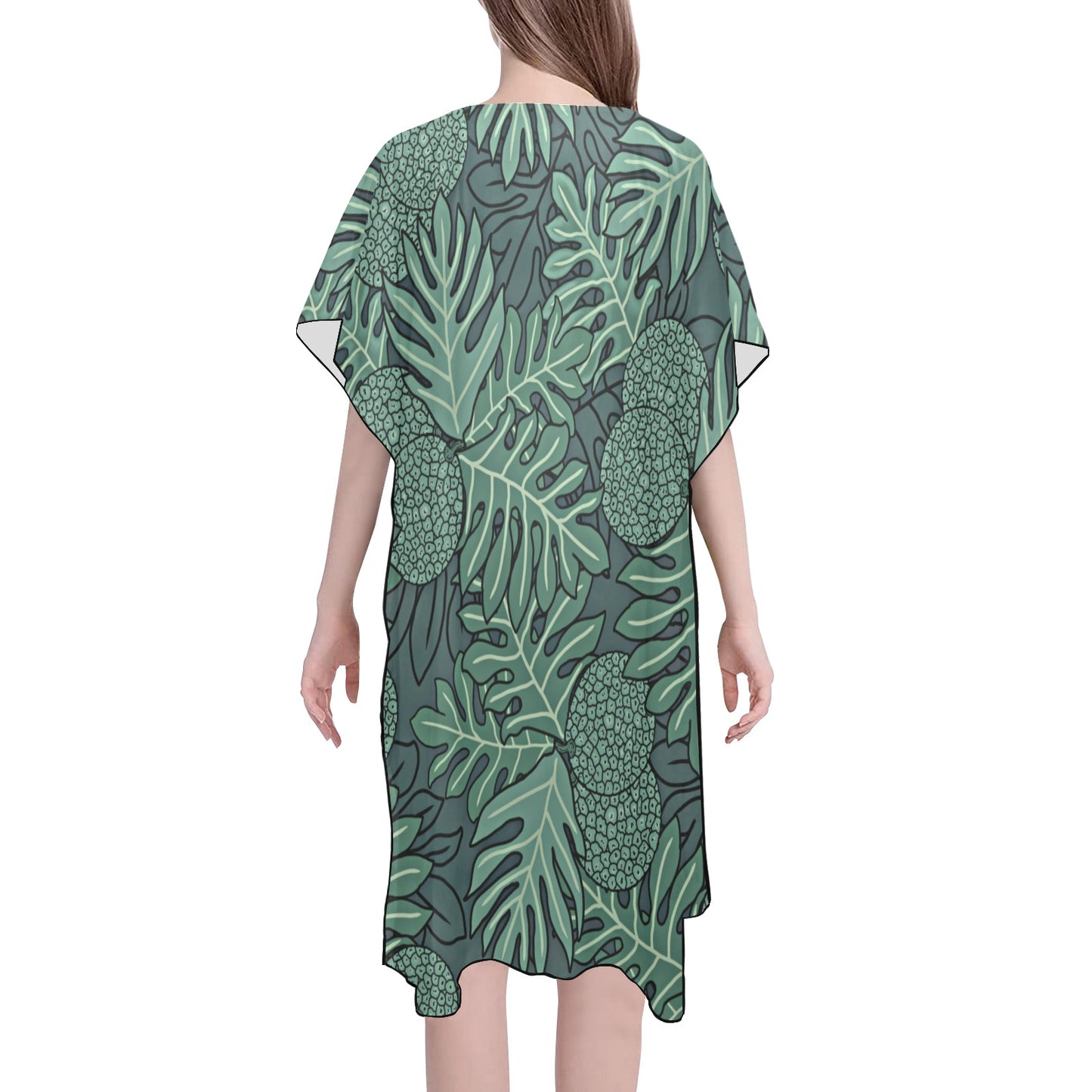 Ulu Breadfruit Hawaiian Print Mid Length Kimono Chiffon Cover Up - Teal