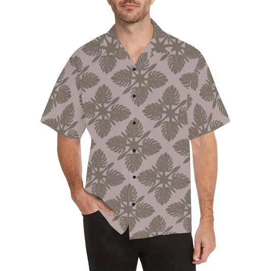 Monstera Kapa Kuiki Hawaiian Print - Menʻs Aloha Shirt, Mauve and Taupe