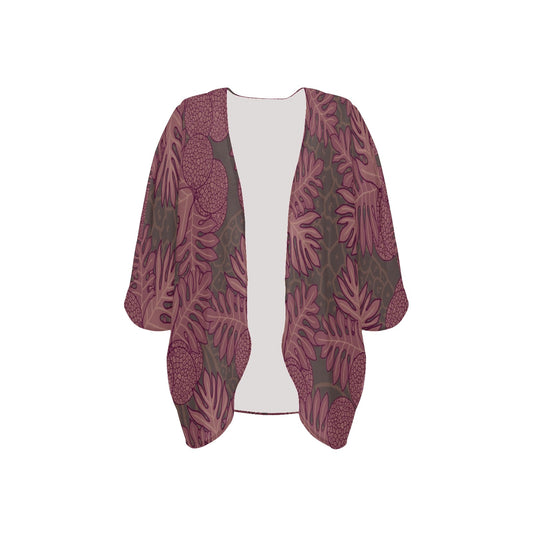 Ulu Breadfruit Hawaiian Print Kimono Chiffon Cover Up - Pink and Taupe