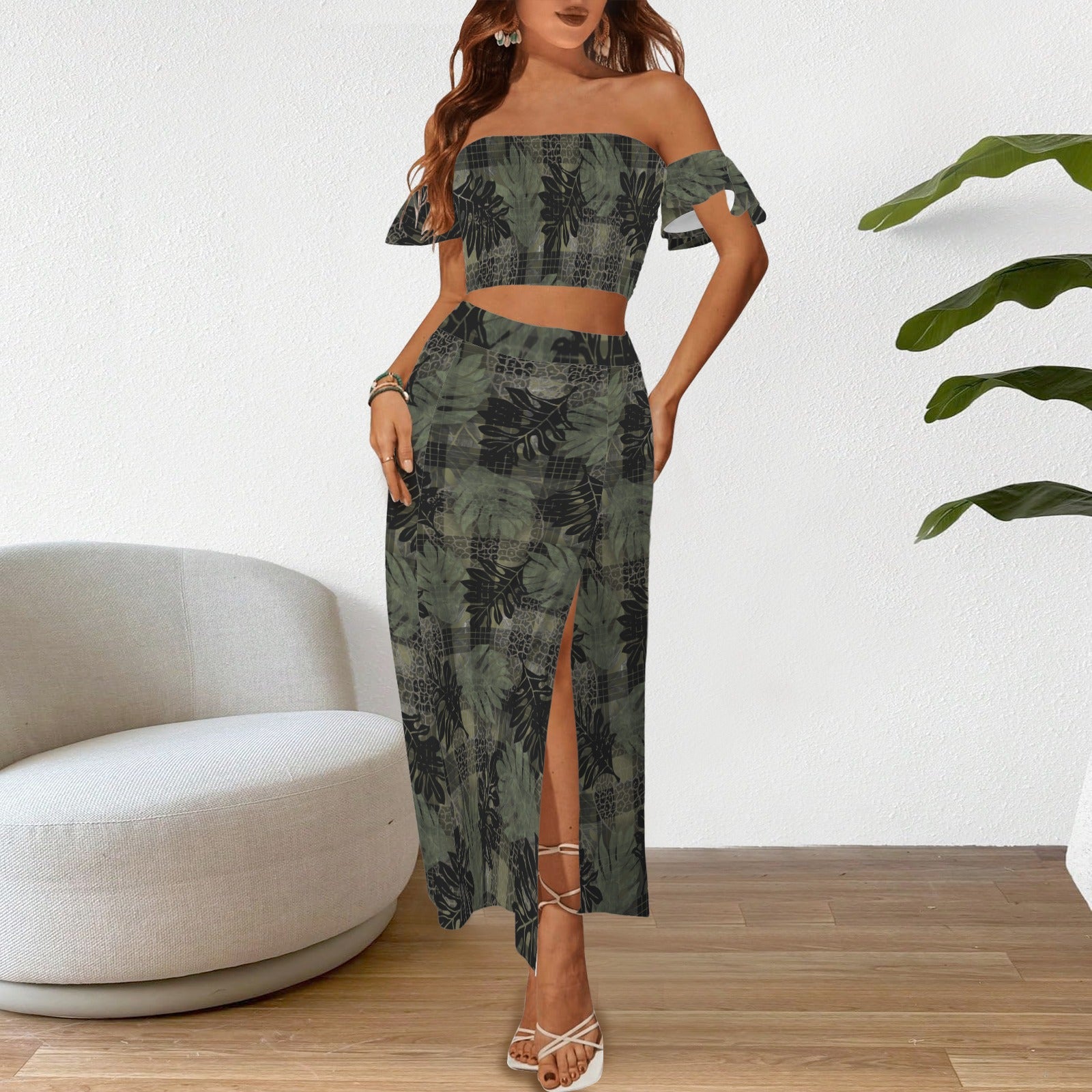 Malino Set in Ulu and Palaka (Off Shoulder Smocked Tube Top & High Waist Split Thigh Maxi Skirt) Green and Black
