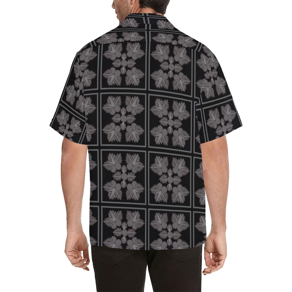 Ulu Quilt Design - Menʻs Aloha Shirt - Black and Gray Square Pattern Hawaiian Shirt