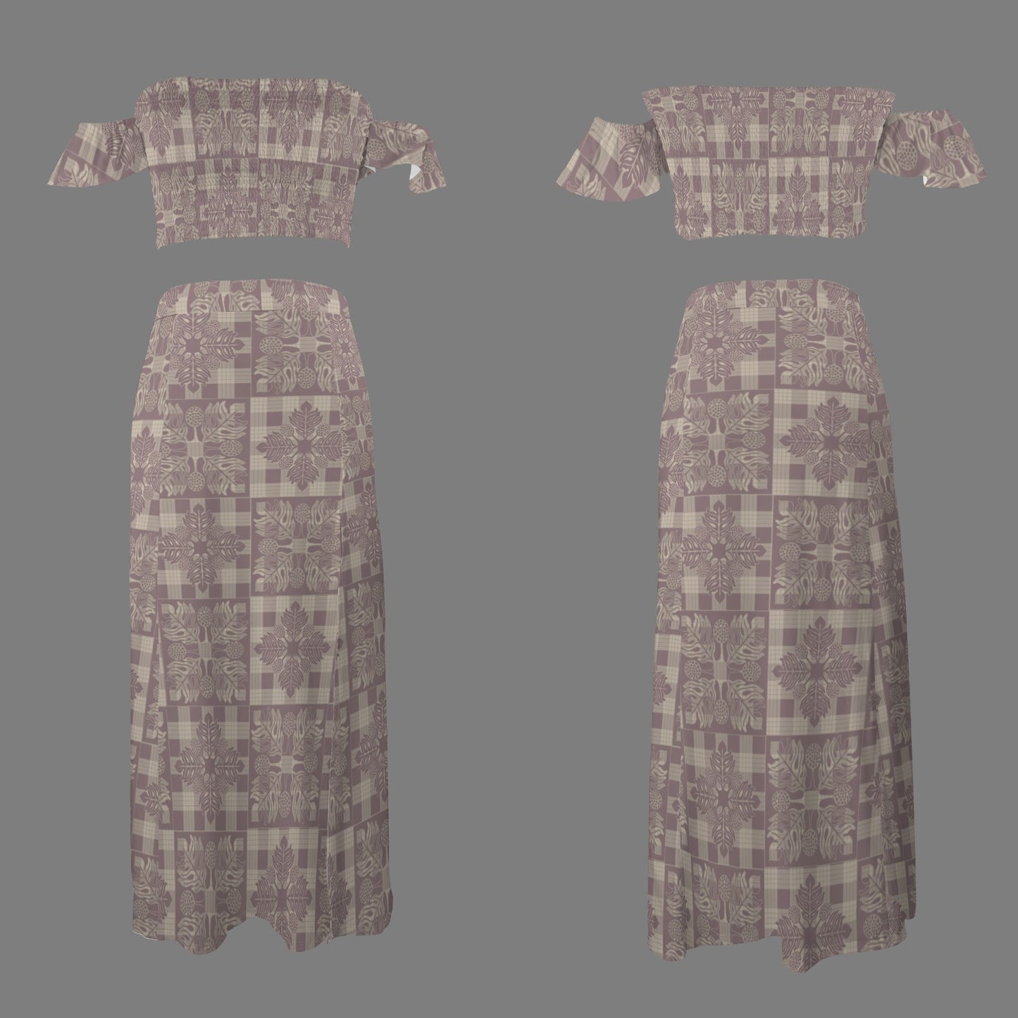 Malino Set in Ulu Kapa Kuiki (Off Shoulder Smocked Tube Top & High Waist Split Thigh Maxi Skirt) Lavender & Taupe