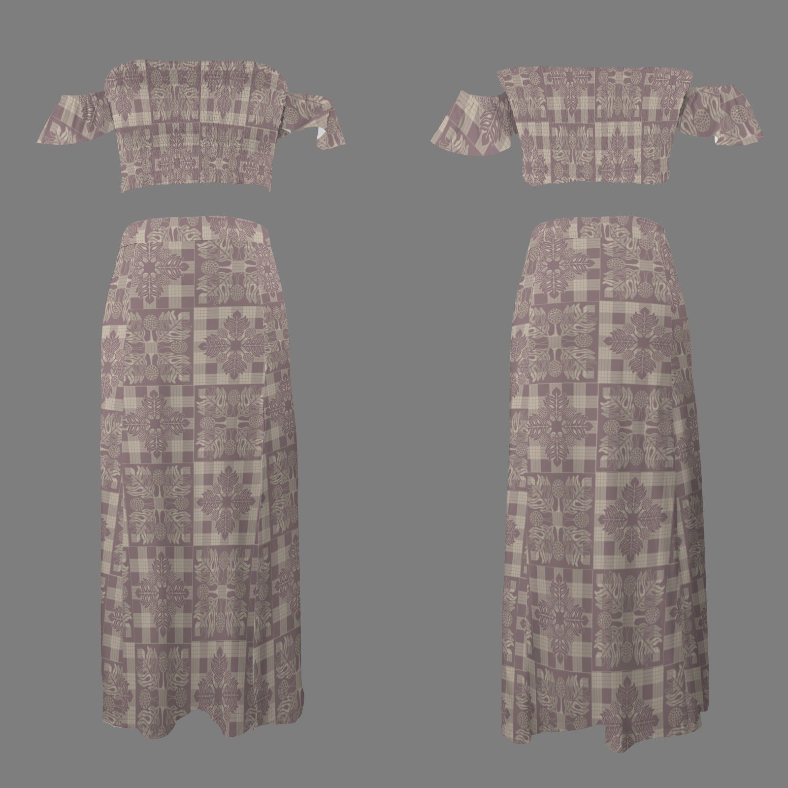 Malino Set in Ulu Kapa Kuiki (Off Shoulder Smocked Tube Top & High Waist Split Thigh Maxi Skirt) Lavender & Taupe