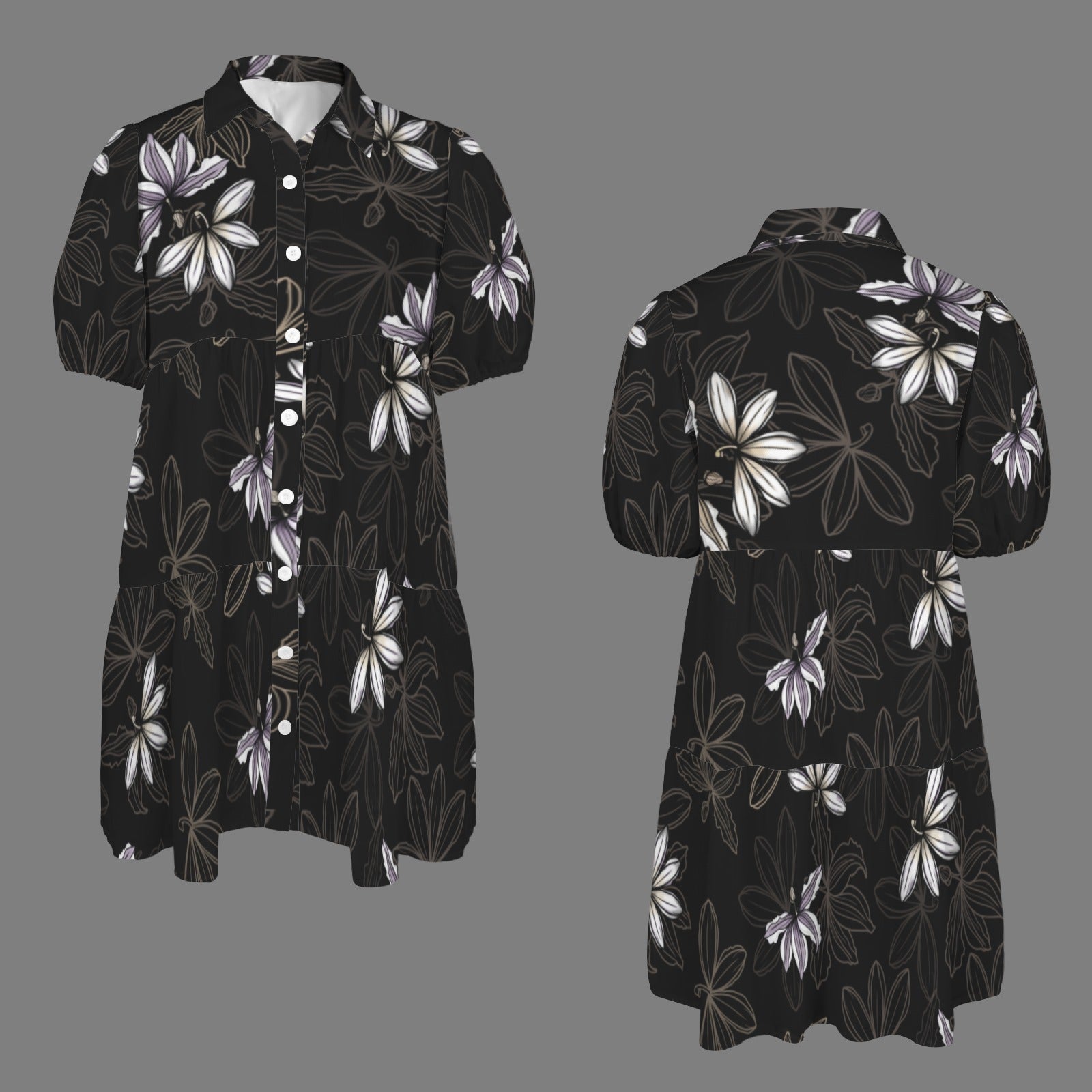Puʻuwai Button down Puff sleeve baby doll dress in Naupaka - Lavender, Taupe, and Black