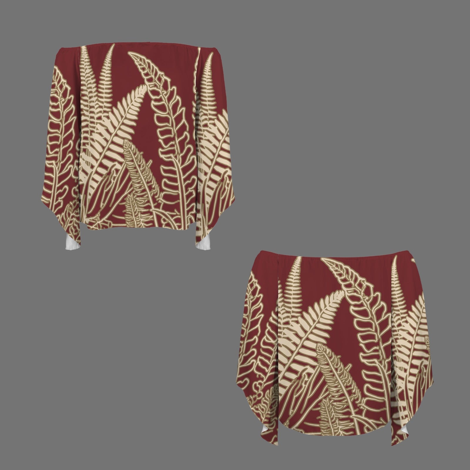 Hawaiian Fern Leaf Red & Cream Off Shoulder Trumpet Sleeve Blouse