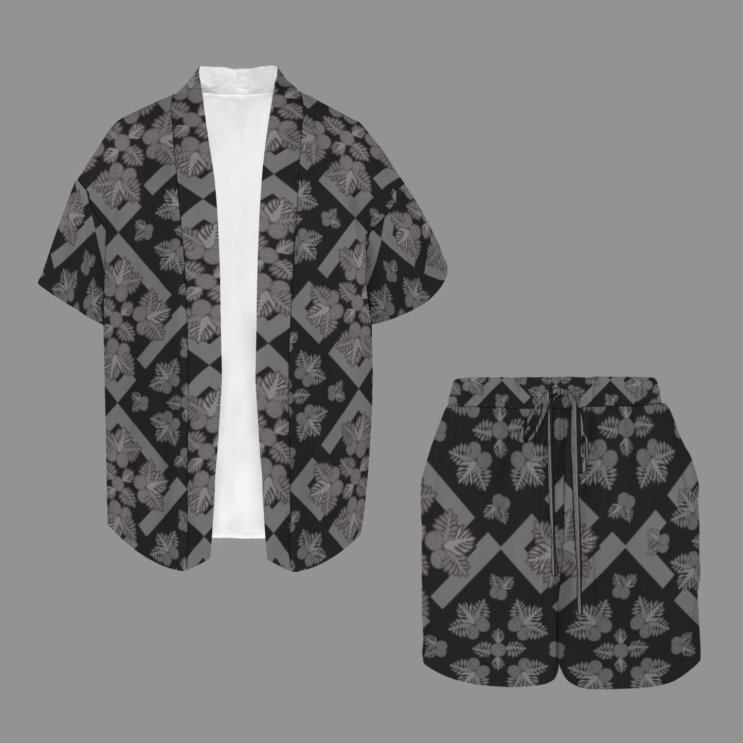 Hunnie Girl 2 PC Set - Open Front Kimono Blouse with Drawstring Waist Shorts - Ulu Quilt Black and Gray