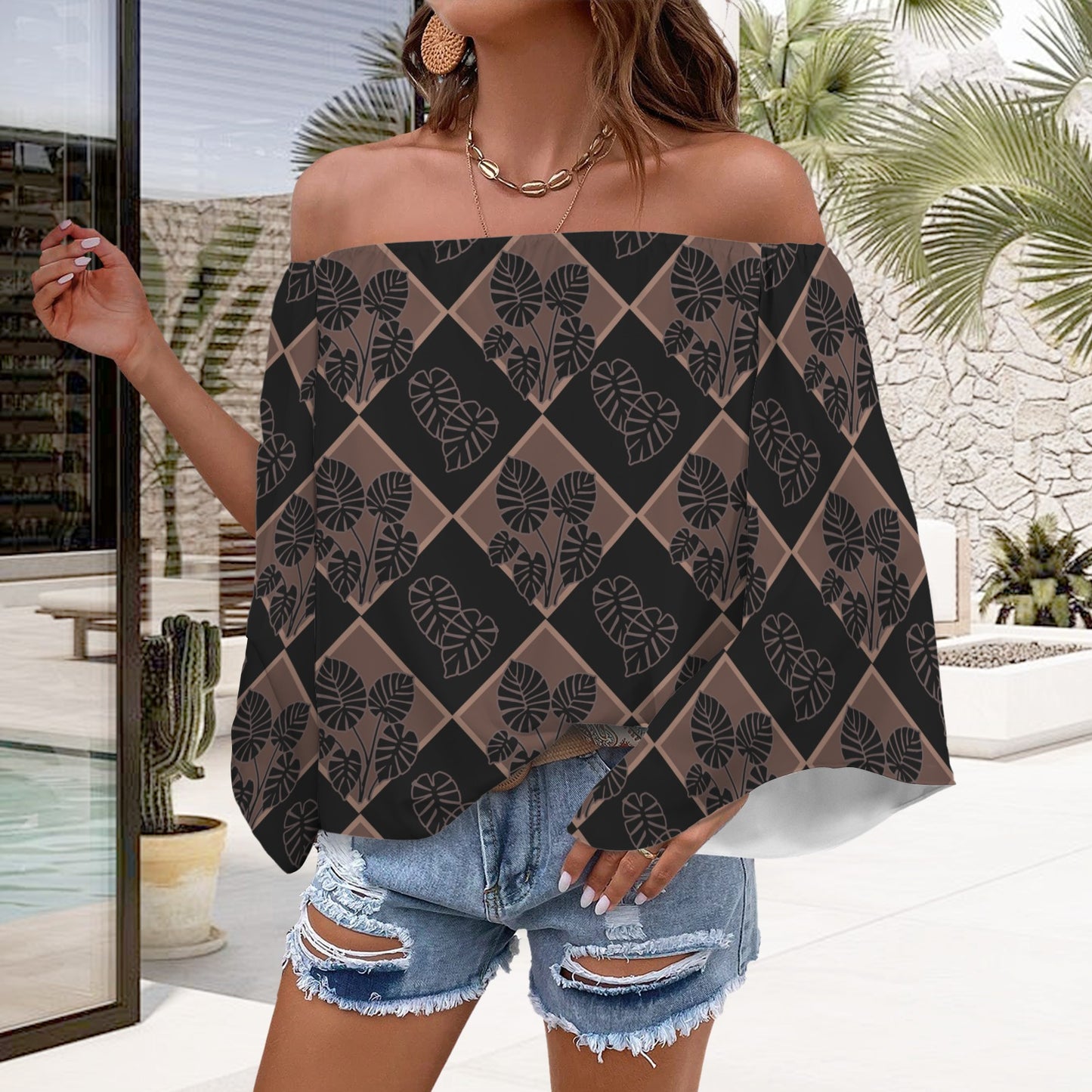 Kolonahe Kalo Quilt Mocha and Black Off Shoulder Trumpet Sleeve Blouse