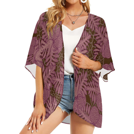 Ulu Breadfruit Hawaiian Print Kimono Chiffon Cover Up - Pink, Brown & Red