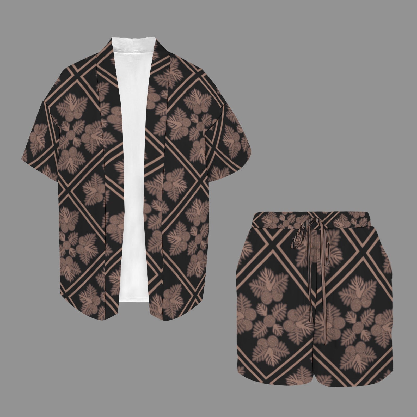 Hunnie Girl 2 PC Set - Open Front Kimono Blouse with Drawstring Waist Shorts - Ulu Quilt Black and Mocha Pattern