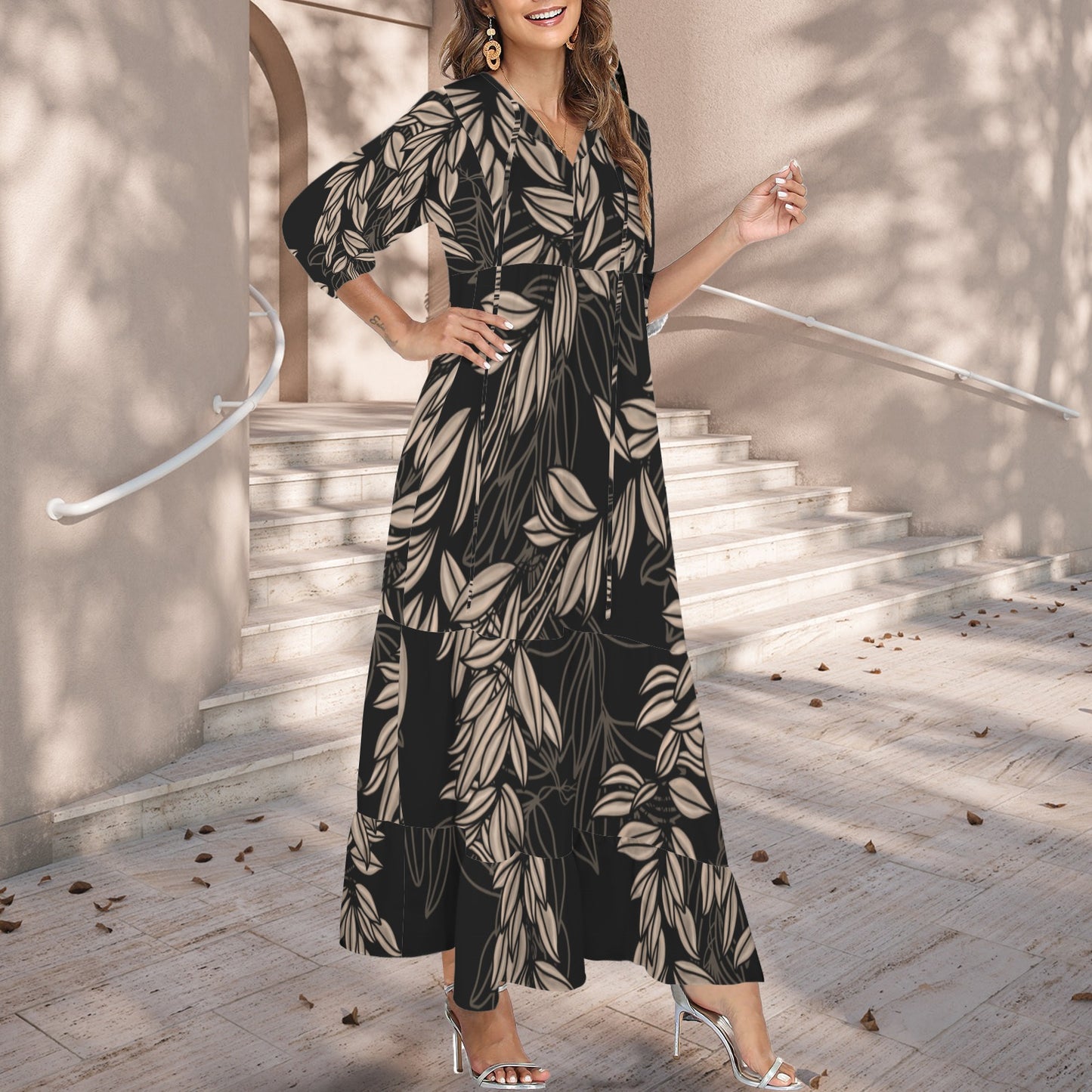 Pauahi Mu'u mu'u maxi dress - Maile Lei in Black and Brown