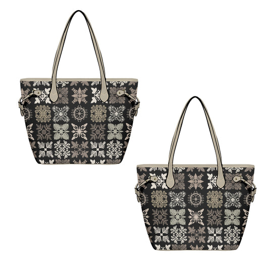 Kapa Kuiki Hawaiian Print Faux Leather Tote Bag - Taupe - Black and Khaki