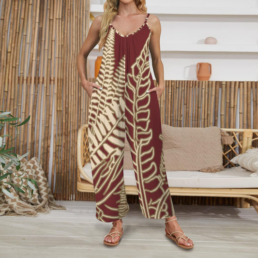 Hawaiian Fern Leaf Burgundy & Cream Pleated Cami Wide Leg Jumpsuit