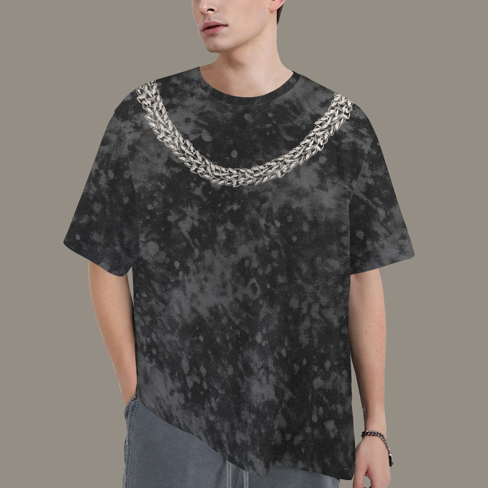 Oversized Vintage Wash Graphic T-shirt | Hawaiian Lei Tee, Smokey Black and Gray - Ni'ihau Shell Lei