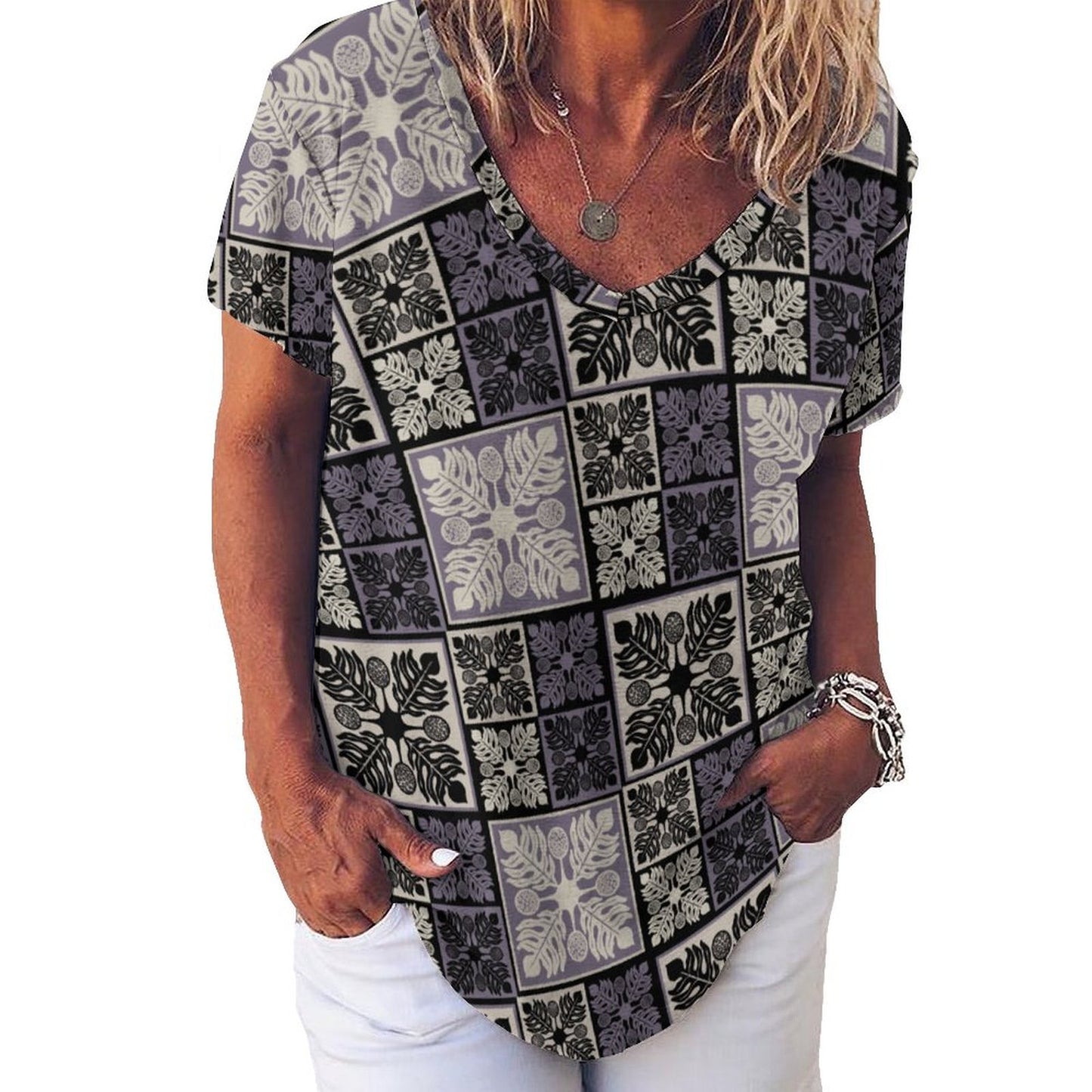 Kapa Kuiki Hawaiian Quilt Print, Keahi V-Neck Short-Sleeve Shirt - Purple