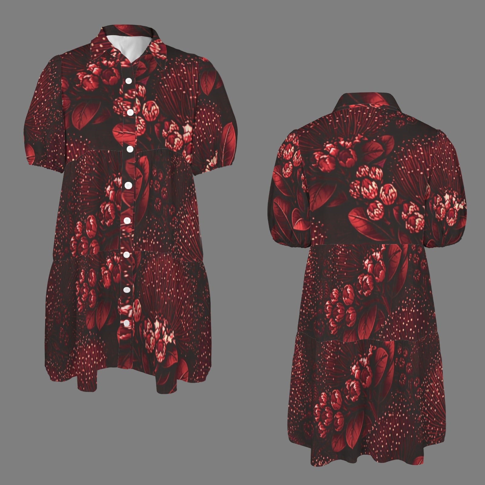 Puʻuwai Button down Puff sleeve baby doll dress in Ohia Lehua Red and Black