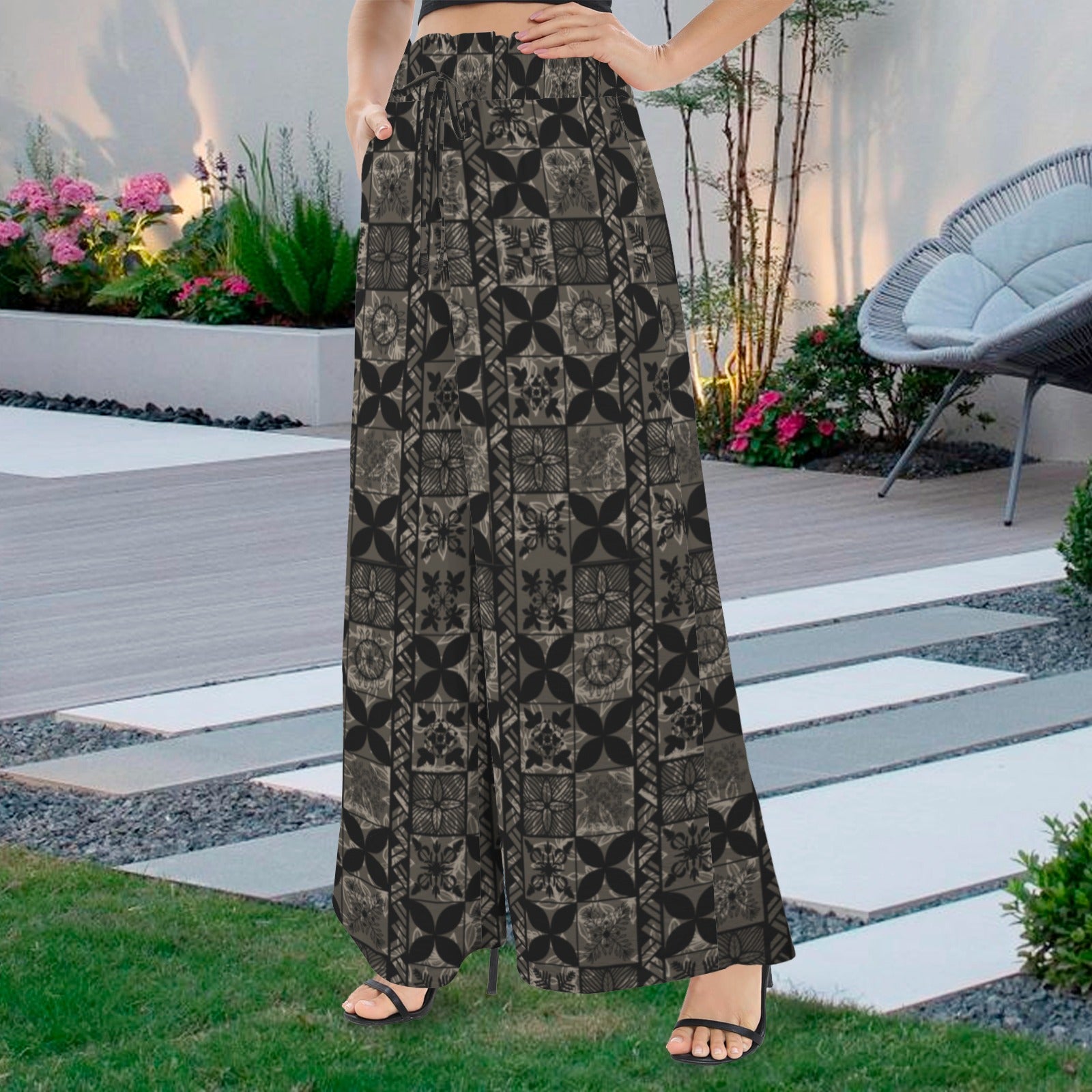 Makamae Elastic Waist Wide Leg Pants - Hawaiian Kapa Quilt in Black and Brown