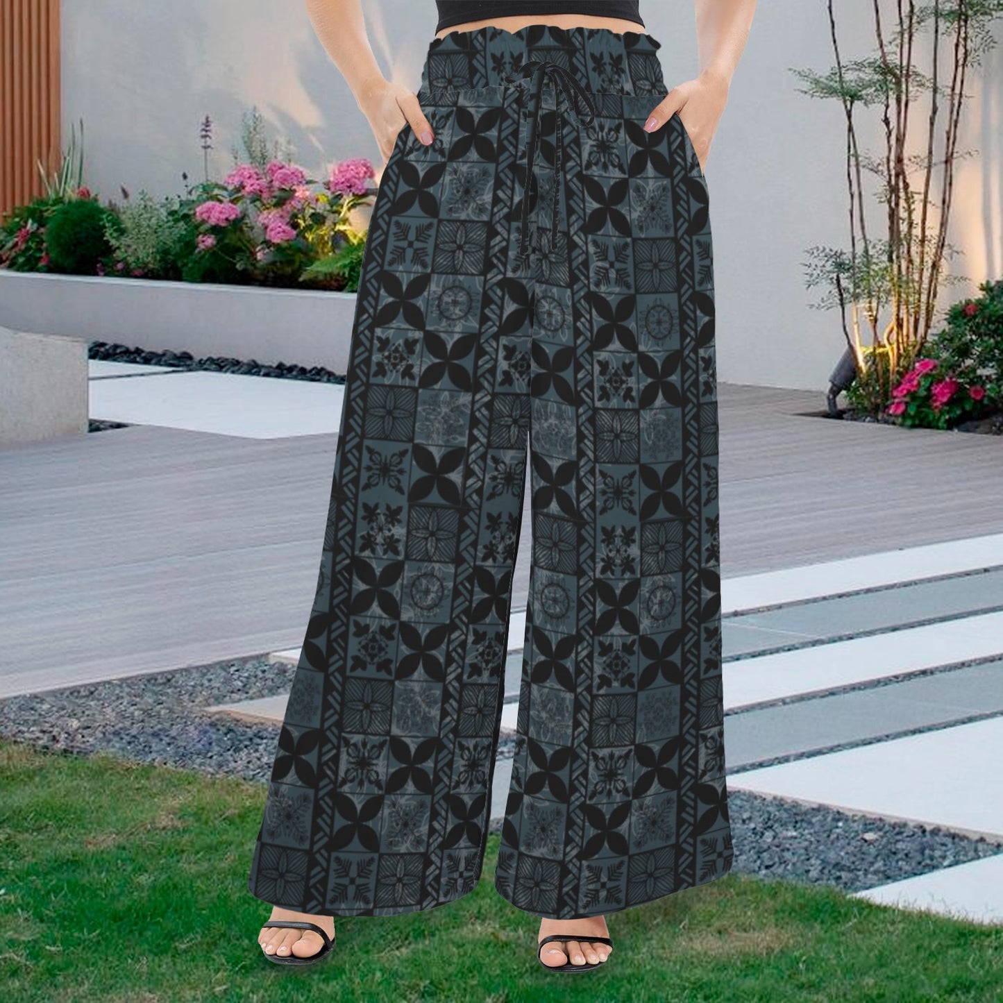 Makamae Elastic Waist Wide Leg Pants - Hawaiian Kapa Quilt in Black and Teal