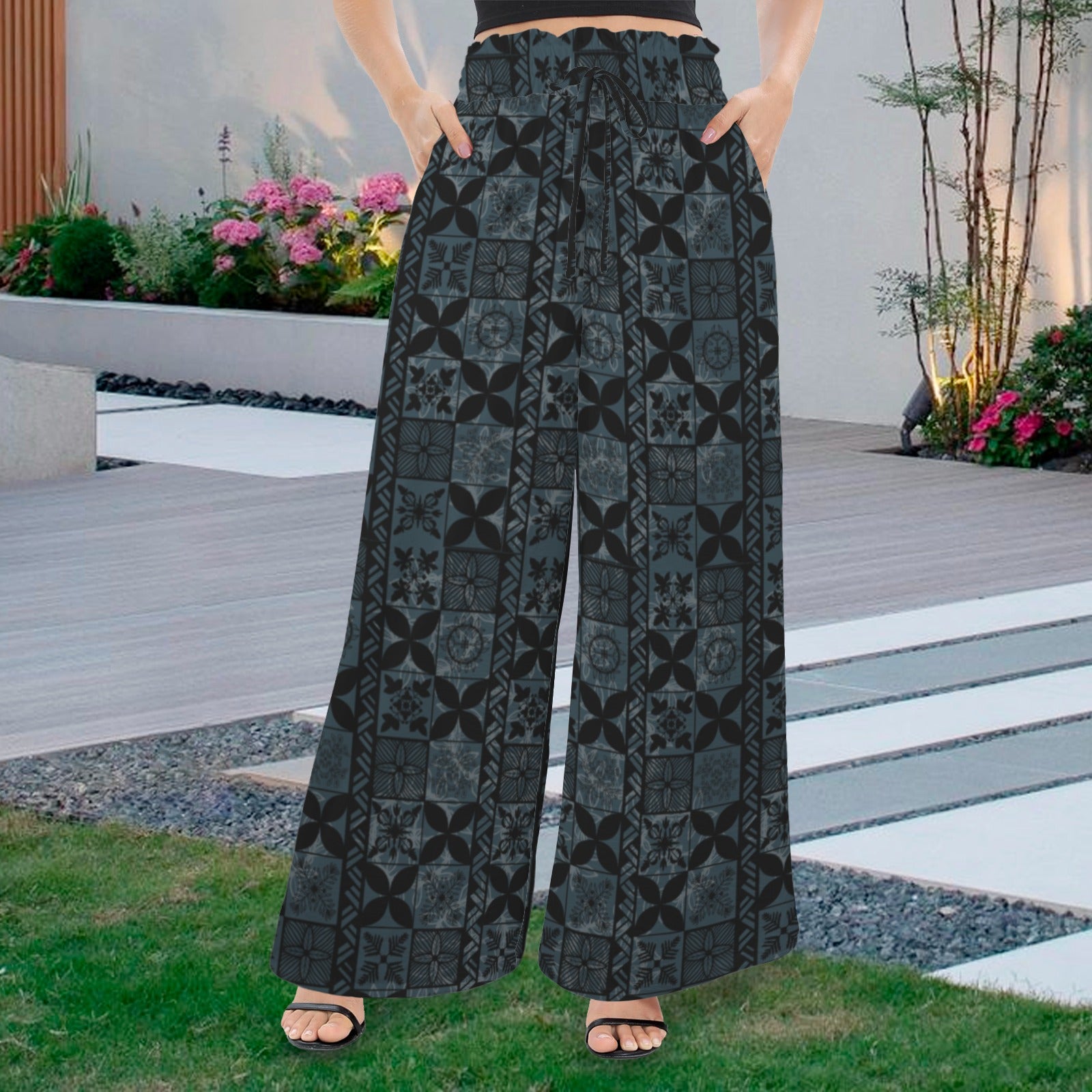 Makamae Elastic Waist Wide Leg Pants - Hawaiian Kapa Quilt in Black and Teal