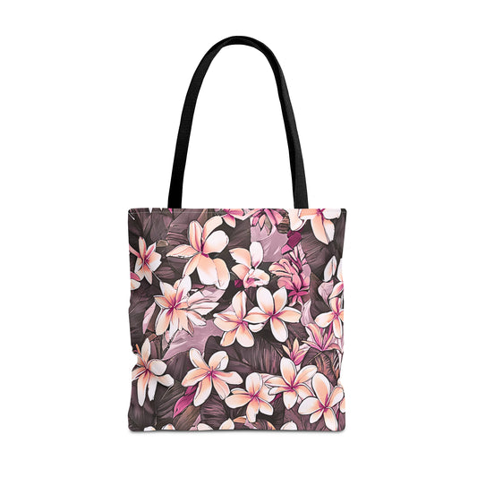 Plumeria Tropical Hawaiian Print Tote Bag in Mauve & Pink Tones